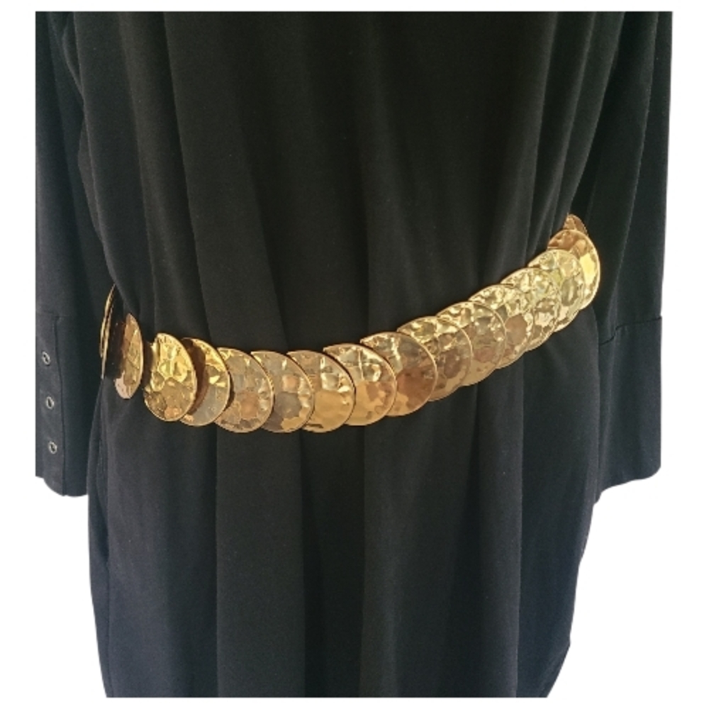 Vintage 80s Gold Hammered Disc Stretch Belt | Statement Gold Waist Cinch